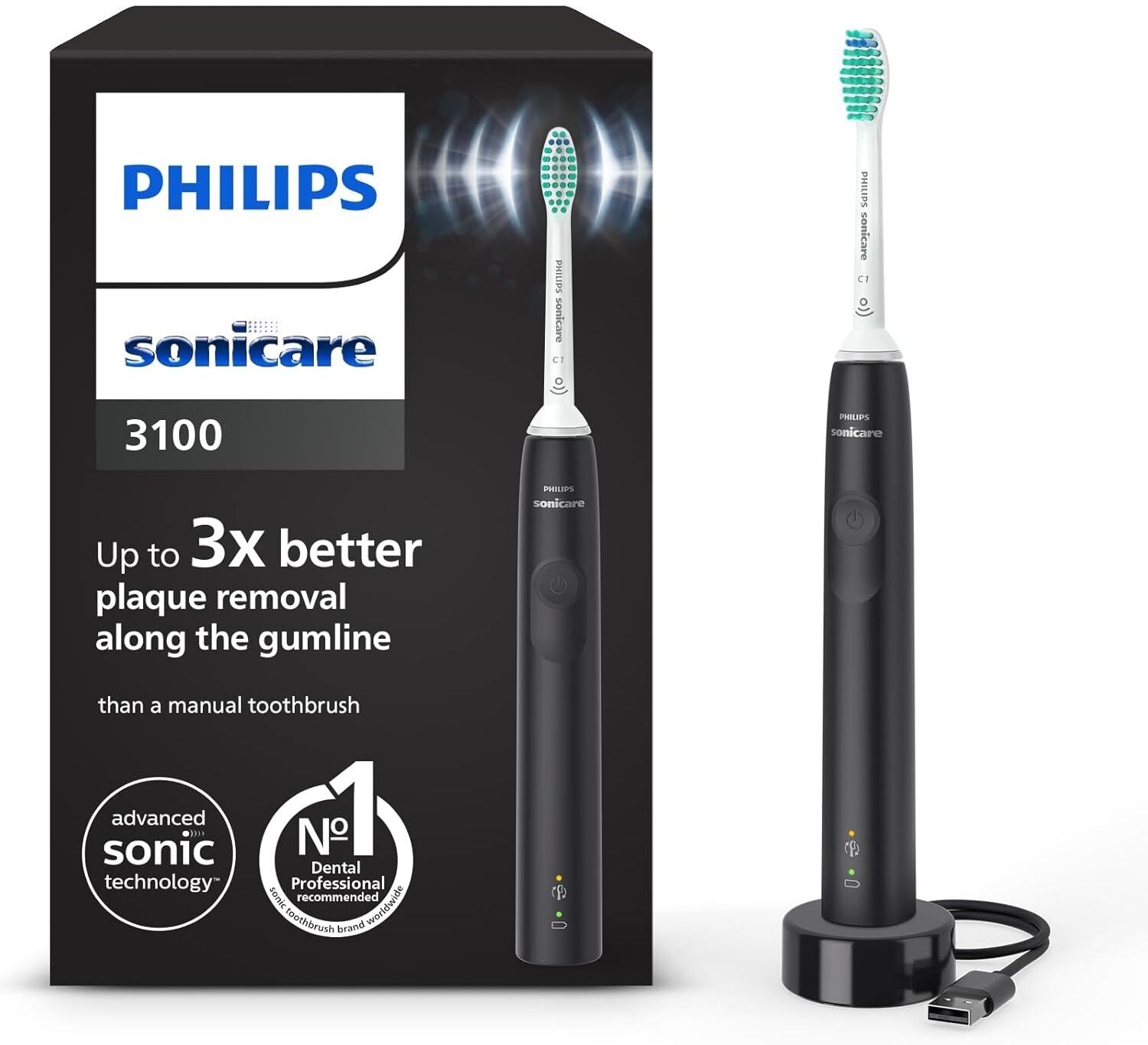 Philips Sonicare Series 3100 HX3671/14 Electric Toothbrush - Black, New
