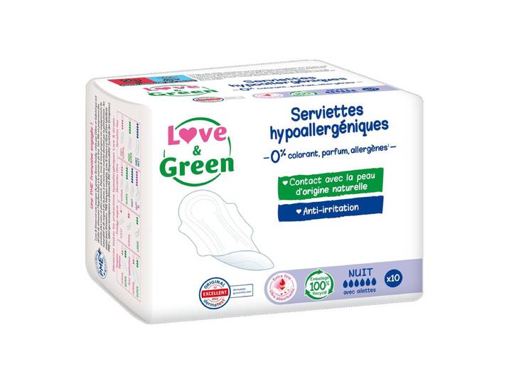 LOVE &amp; GREEN Serviettes Hygiéniques avec Ailettes Nuit Hypoallergénique Anti-Irritation x 10
