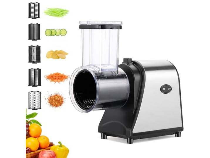 250W Elektrischer Gemüseschneider, 5-in-1 Gemüsehobel mit Extra Großer Einfüllöffnung, Multifunktionale Küchenreibe für Obst, Gemüse & Käse