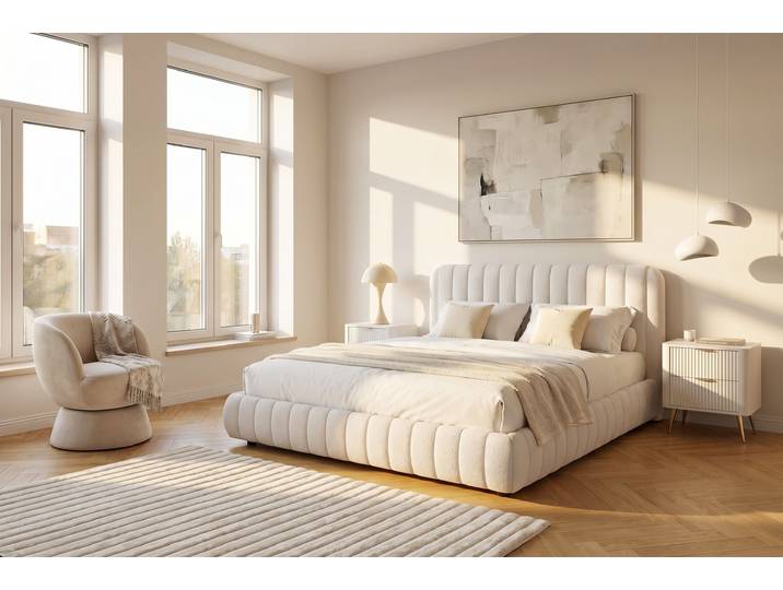 Polsterbett GOODPRODUCT SELVAIR, Stauraumbett mit Lattenrost und Bettkasten, Chenille-Bezug , beige (cream), B:203cm H:105cm L:226cm, Betten, Polsterbett, dick gepolstertes Kopfteil und Rahmen, Liegefläche 180x200 cm