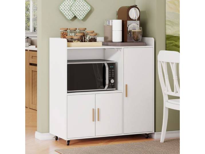 Buffet de cuisine à roulettes - PULUOMIS - Meuble micro onde - 90 x 40 x 96 cm - Blanc