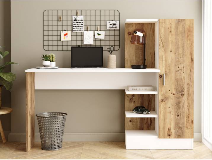 Bureau 1 porte avec étagères Harry Blanc Mat/pin - Basika