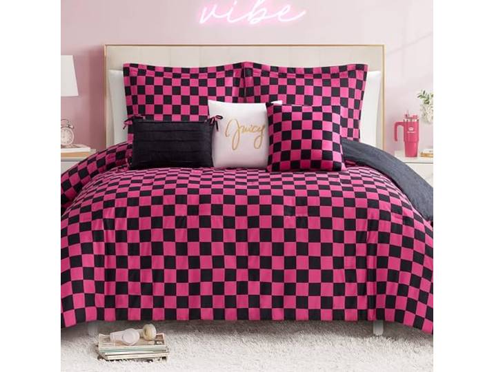 Juicy Couture-Wende-Steppdecken-Set, Schachbrettmuster, 5-teilig, Doppelbett-/XL-Doppelbett-Set, Schwarz/Hot Pink