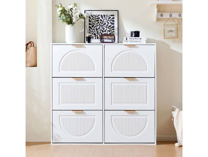 Meuble à Chaussures Design Élégant Blanc - 25 cm de Profondeur - 6 Étagères Pivotantes - Antidémarrage - pour Entrée Couloir