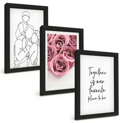 BILDER SET 3er Set - 20x30 cm Schwarzer Rahmen - Rosensträuße als Familienzeichnung