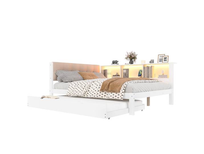 Flieks Tagebett 140x200cm Weiß Kiefer Ausziehbett LED-Leiste USB Regal, Holz, 140x200 cm, Schlafzimmer, Betten
