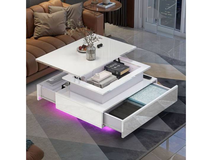 YITAHOME Table Basse Relevable Laquée Brillante Éclairage LED RGB 16 Couleurs et 2 Tiroirs de Rangement