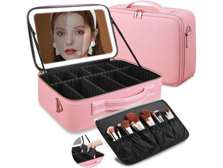 Trousse de maquillage grande capacité 15''x11'' avec miroir LED 3 couleurs, organiseur de maquillage, trousse de toilette de voyage