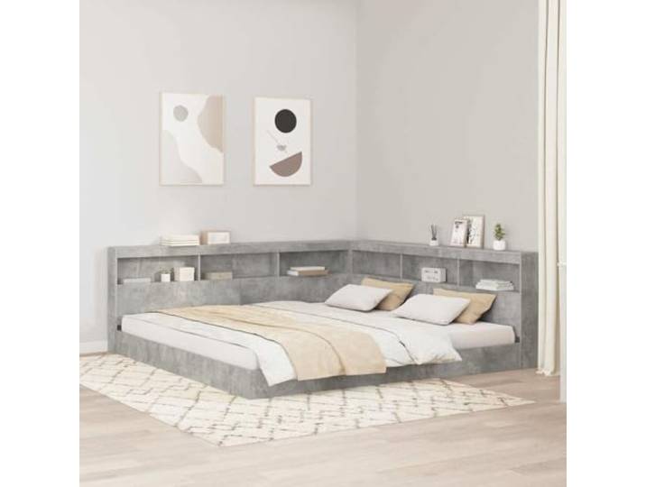 RJPLMFV Bettkopfteil, Beton, Grau, 200 cm, Holz L-Form, integrierte Regale, USB-Ladestation, modernes Design für Schlafzimmer