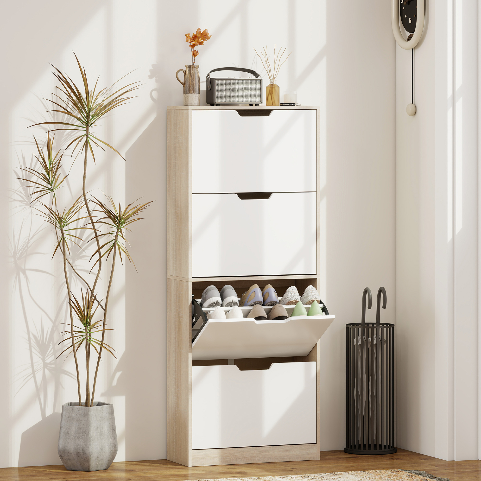 Homcom Scarpiera Salvaspazio Slim a 4 Cassetti per 20 Paia di Scarpe 62.5x26x156 cm, color Legno e Bianco   Aosom Italy
