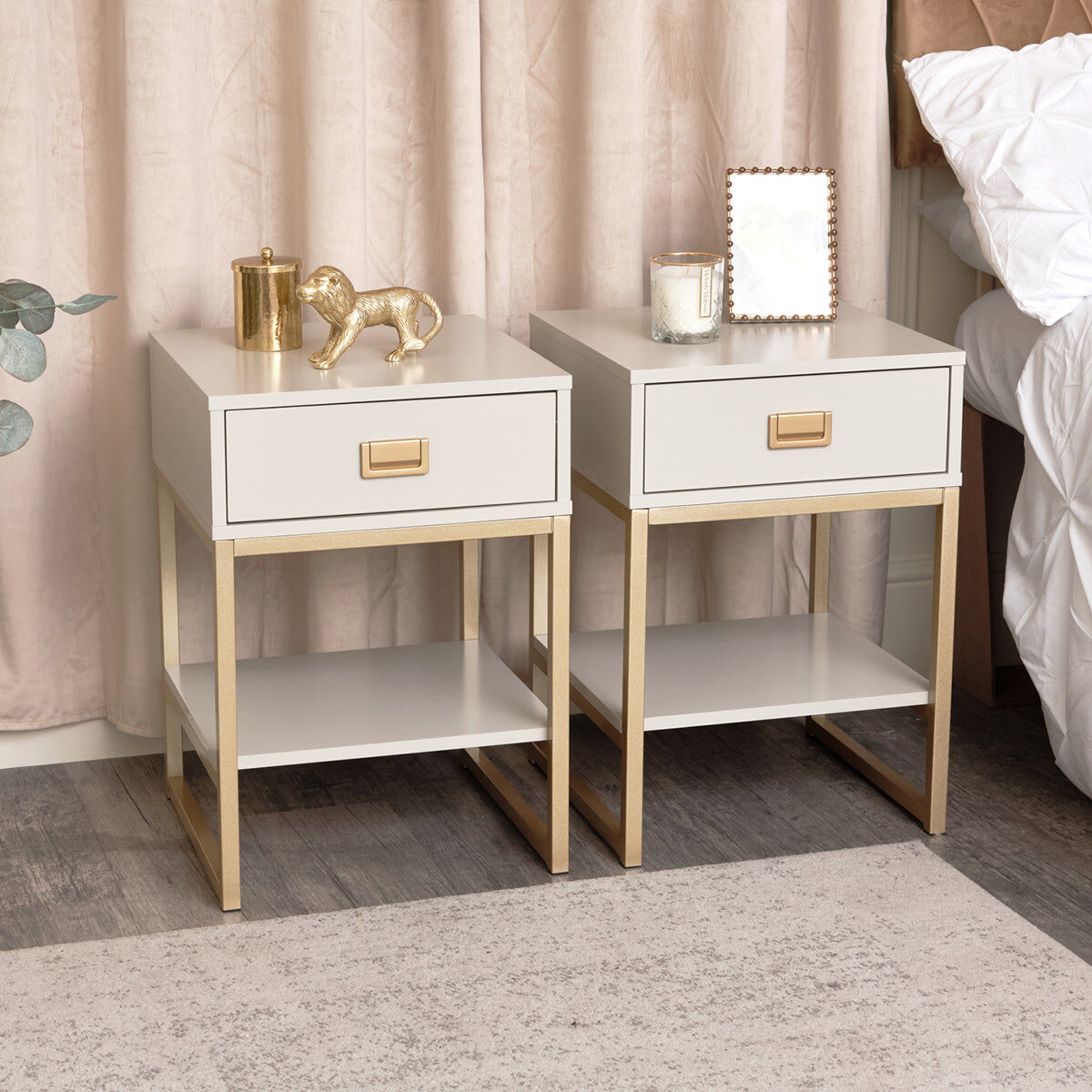Taupe Bedside Tables with Drawer & Gold Handles (Set of 2)   Melody Maison Coated MDF, Metal