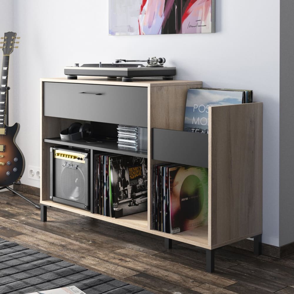 Diagone Rangement vinyles effet bois clair et noir Marron 115x81x40cm