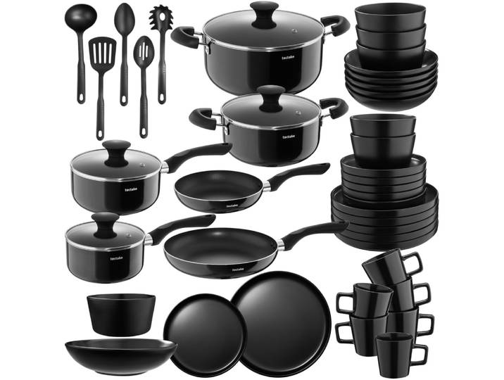 30 pièces set de cuisine complet, faïence, aluminium, verre, noir