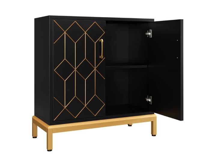 JoyGarden Buffet bas moderne pour entrée – Armoire noire avec portes étagères et poignées dorées – Rangement décoratif salon – Noir