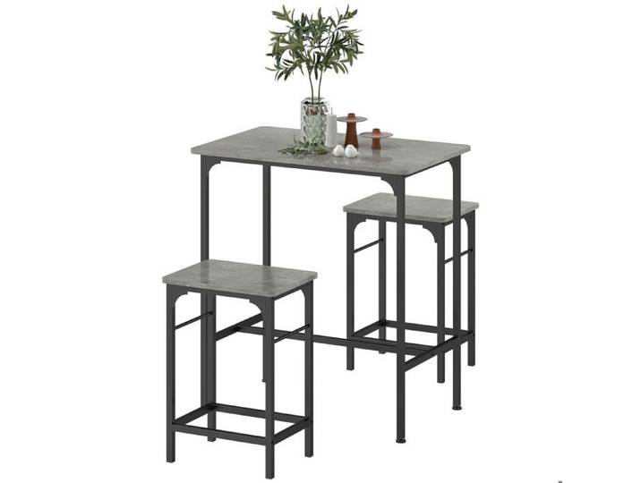 LIA Ensemble table de bar avec 2 tabourets cadre en acier pour cuisine salle à manger et salon gris