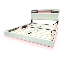 Merax Polsterbett, LED Schwebebett Doppelbett 160x200cm mit USB-Aufladen und Stauraum, beige