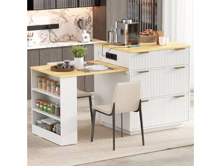Îlot Central Cuisine - 127 5x67x92cm - Table Extensible 125cm LED Prises USB/AC Tiroirs Placard - Blanc et Bois