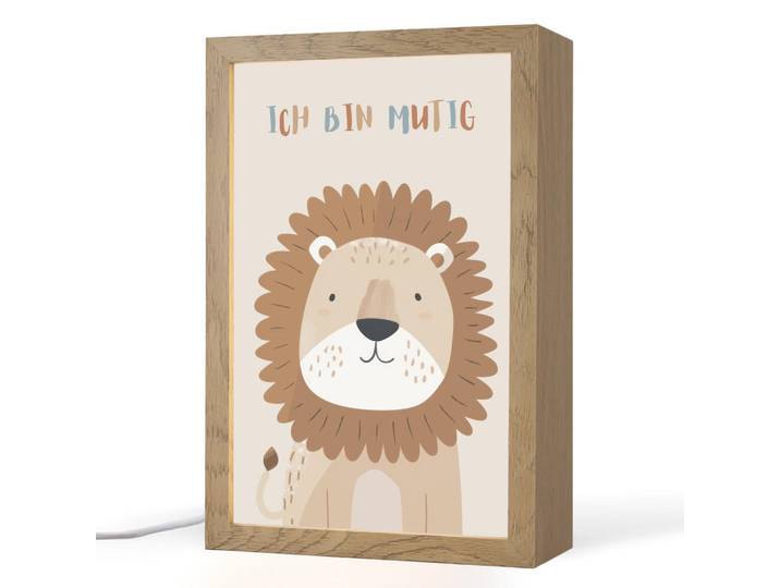 OnlyWow Nachttischlampe - Löwe - Beige - Tier - Mutig - Zitat - 20x30 cm, Holzwerkstoff, Rechteckig, LED integriert, 20x30x8 cm, Lampen & Leuchten, Innenbeleuchtung, Nachtlicht