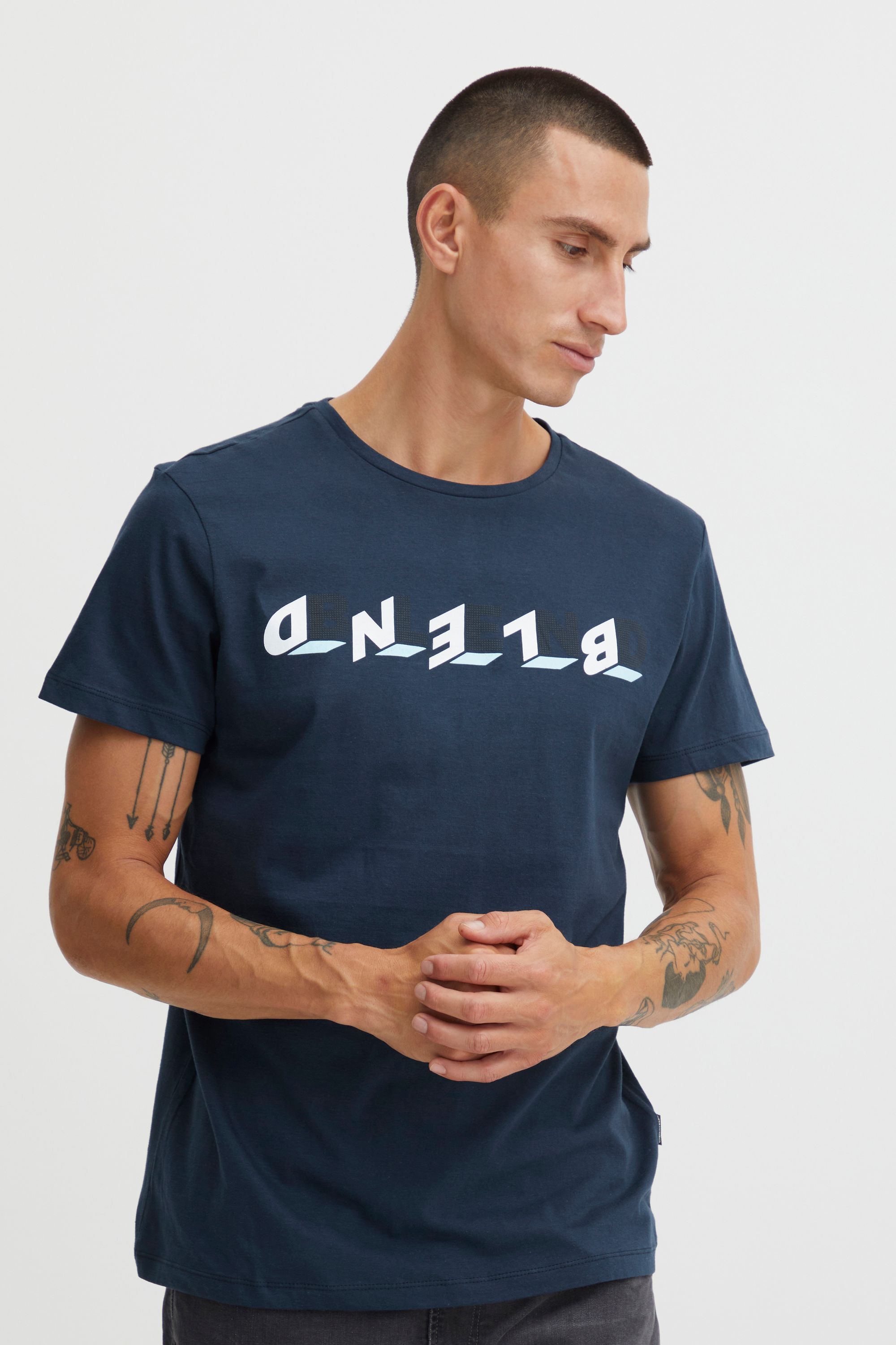 Print-Shirt BLEND "Print-Shirt BHTee", Herren, Gr. L, blau (marineblaus), Obermaterial: 100% Baumwolle CO., Shirts Print-Shirt