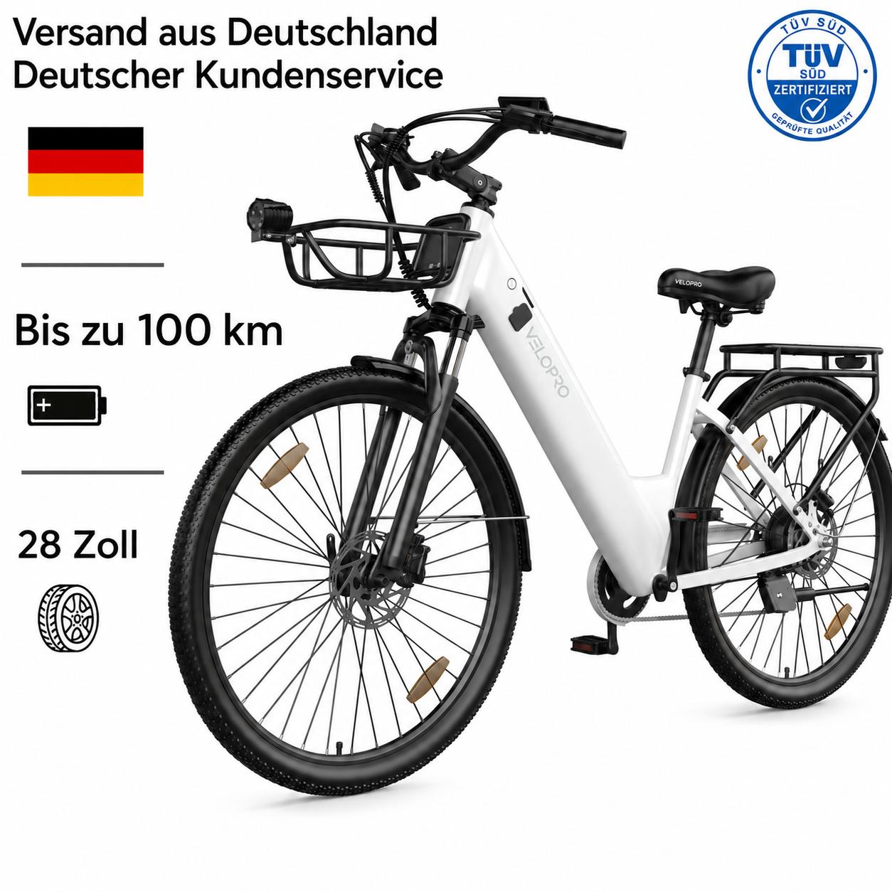 VELOPRO C1Pro Pedelec 28 Zoll E-Bike, 36V 18Ah Akku(80-100km), Shimano 7 Gang
