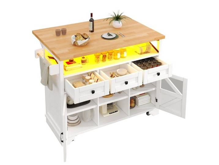 Îlot central de cuisine – chariot mobile – LED App – plateau rabattable – blanc