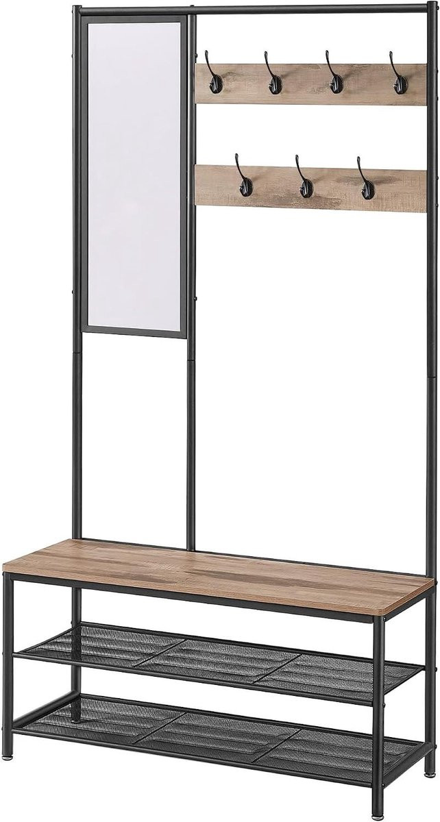 Garderobe Meubel Halmeubel met Spiegel Kameelbruin Zwart B/D/H: 98 x 180 cm
