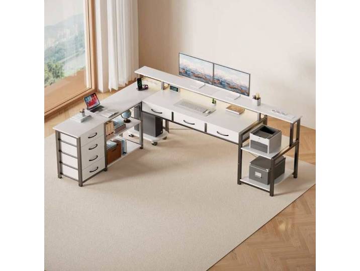 Bureau en L avec bande lumineuse LED tiroirs et étagères de rangement ports de recharge blanc