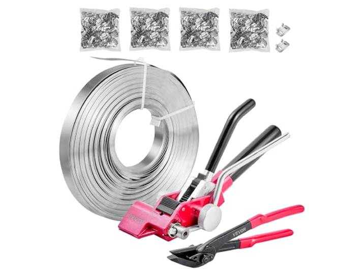 VEVOR Kit Cerclage Feuillard 122 m Kit Cerclage Palette avec Outil et Tendeur Robuste pour Emballage en Entrepôts\, Déménagement\, Stockage de Garage\, Transport de Marchandises\, 400 Scellés Métalliques