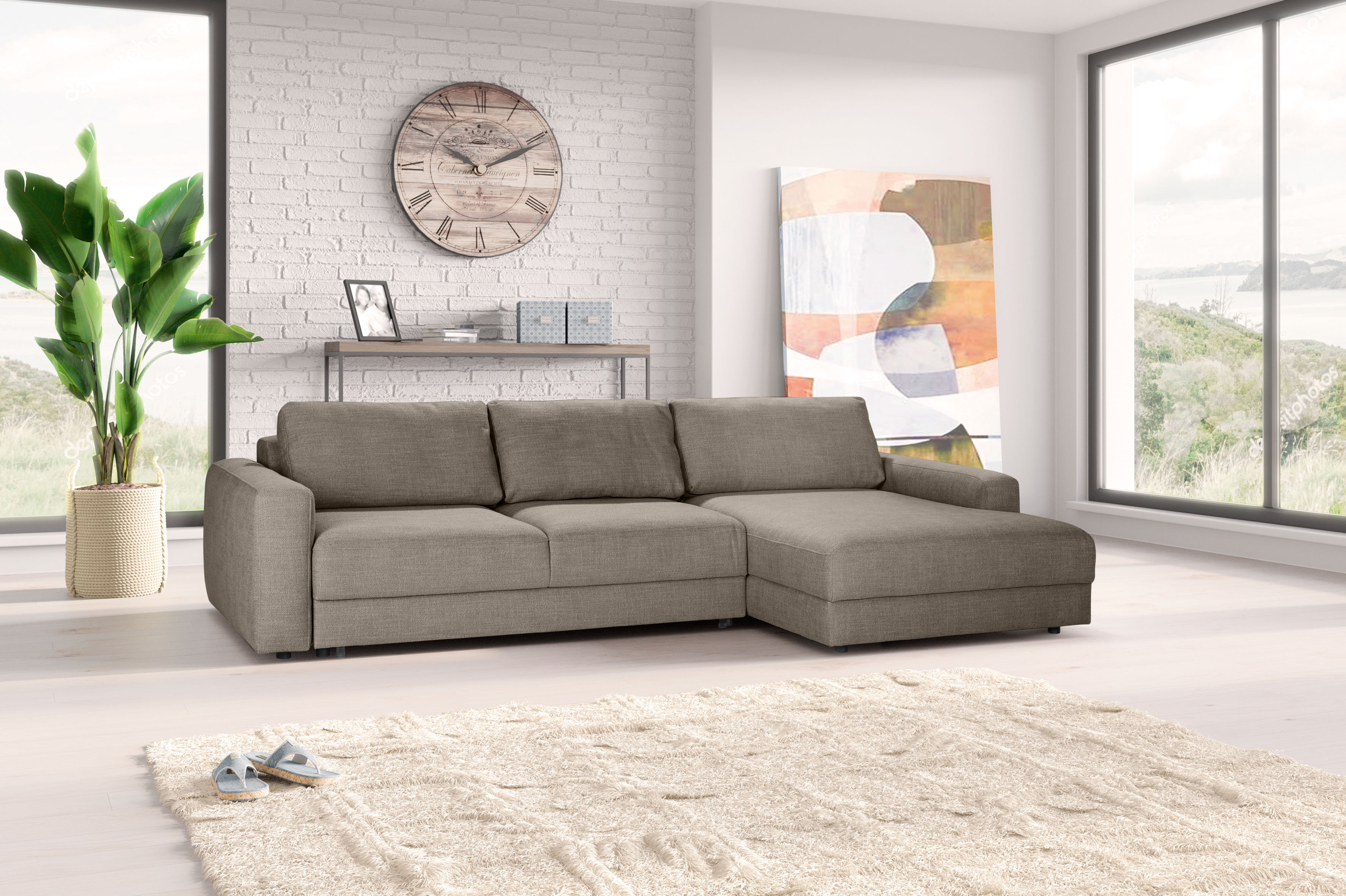 Ecksofa TRENDMANUFAKTUR "Bourbon II, hoher Sitzkomfort, extrabreite Recamiere für Relaxkomfort", grau (taupe gray), B:303cm H:84cm T:176cm, 100% Polyester, Sofas, Ecksofa, wahlweise mit Bettfunktion und Bettkasten, zeitlos und elegant, L-Form taupe gray B