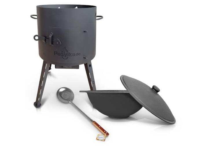 Utschak Feuerofen mit Gusseisen Topf flacher Boden mit Deckel 12 L Ø 40 cm Kazan Schaumlöffel für Plov 48 cm Учаг Uchag казан Kasan Oven (Set 2)