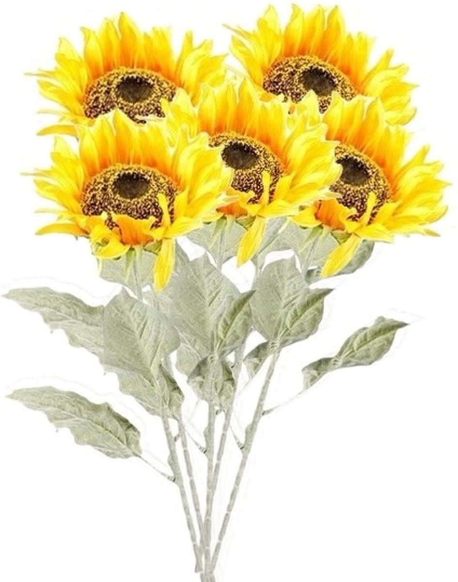Bellatio Flowers & Plants Set van 5 Gele Zonnebloemen Kunstbloemen, Hoogte: 82 cm