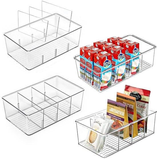 Benza Ibenzoa Koelkastorganizer-set - Transparante stapelbare opbergboxen met 3 uitneembare scheidingswanden, BPA-vrij polyethyleen