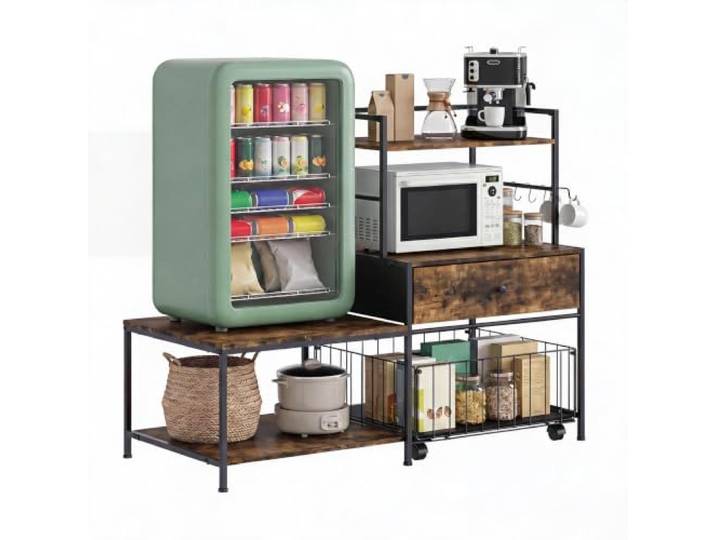 IDEALHOUSE Mini-Kühlschrankständer Mit Stauraum rollbarer Küchenwagen/Kücheninsel mit Ablagekorb - als Mikrowellenständer & Coffee-Bar, Industrial Design