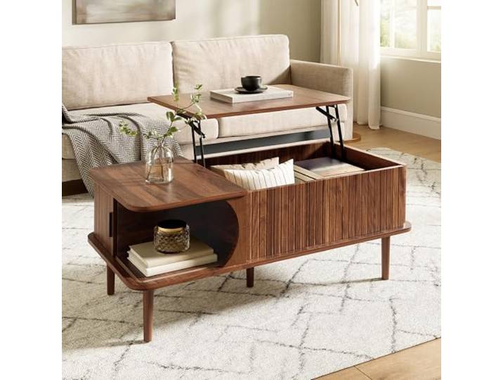 Merax Couchtisch Modern Retro mit Höhenverstellung, Wohnzimmertisch Walnuss-Optik,Vertikale Rillen Design, Multifunktionaler Beistelltisch für kleine Wohnungen,100 L x 48 B x 55,5 H(cm)