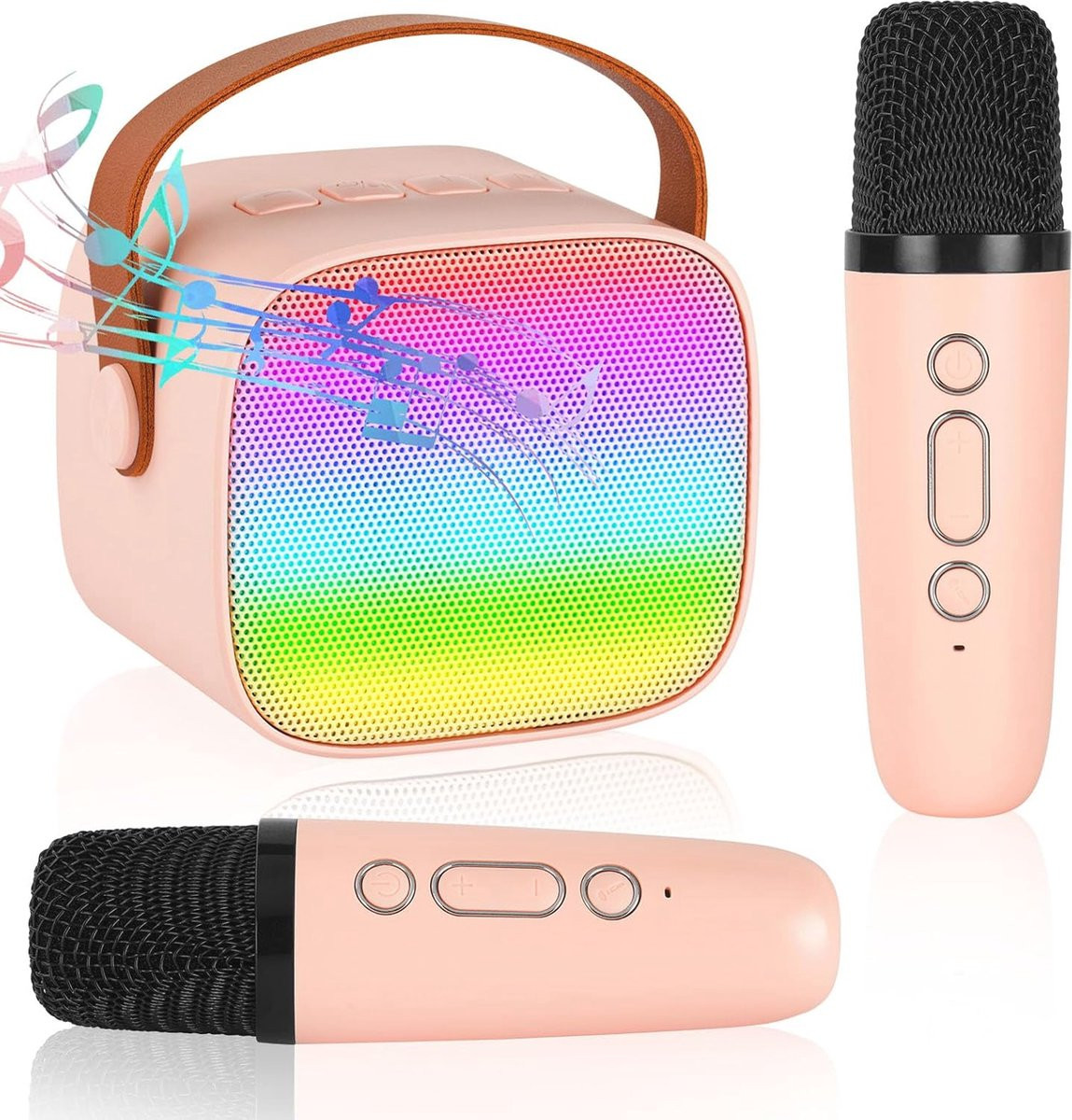 Draagbare karaoke-machine met draadloze microfoons en LED-verlichting voor kinderen en volwassenen