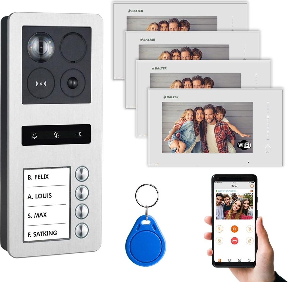 BALTER ERA Silber IP Aufputz 7" WiFi Monitor RFID Full HD Video Türsprechanlage Set 4 Familienhaus