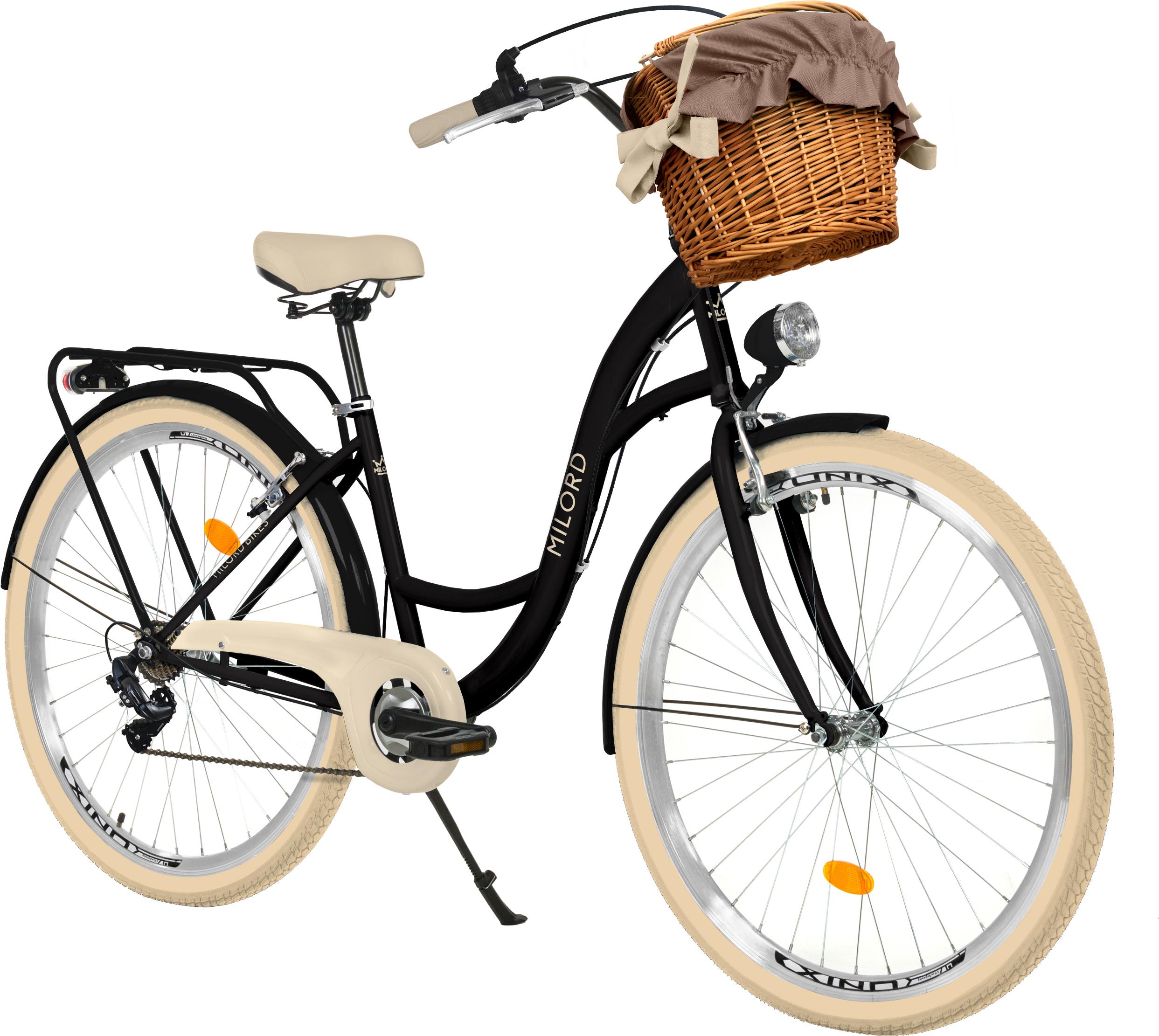 Milord Komfort Fahrrad Mit Weidenkorb Damenfahrrad, 28 Zoll, Schwarz-Creme, 7-Gang Shimano