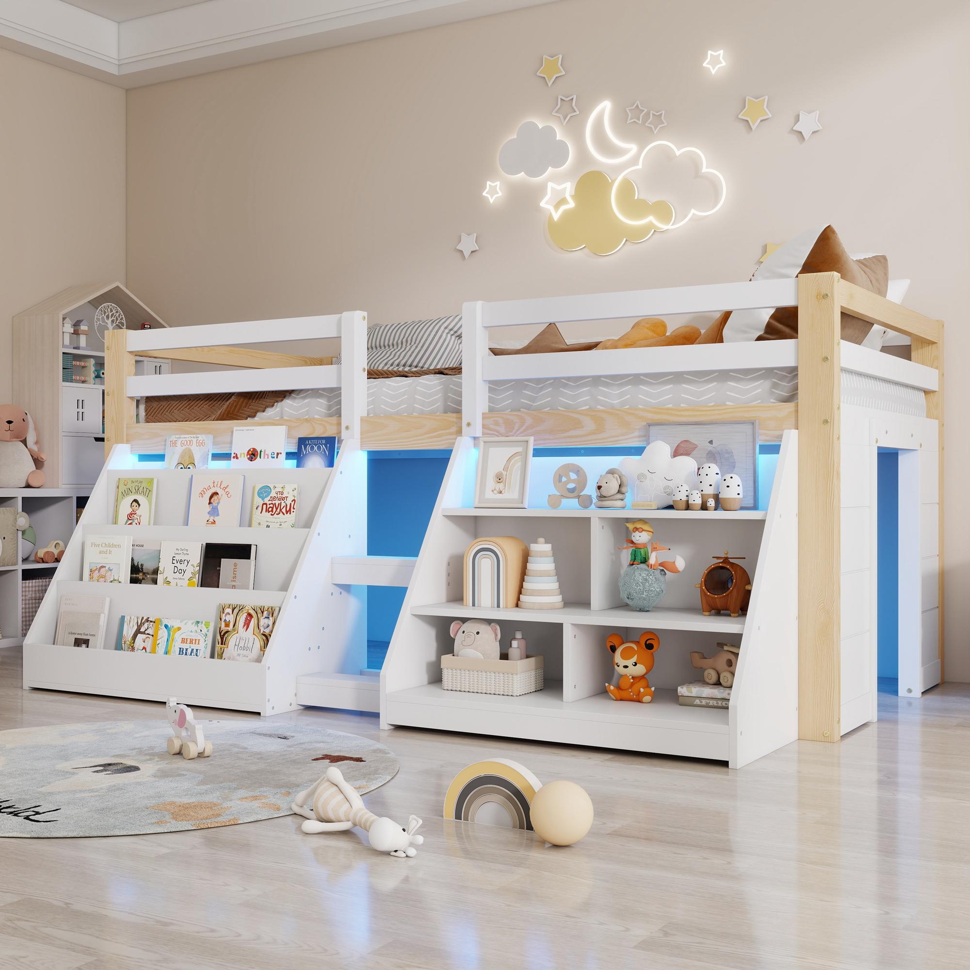 Merax Etagenbett Halbhohes Bett 90x200cm, mit LED-Beleuchtung, Bücherregal, Regale, Geländer, Kiefer, Kinderbett, Hochbett, Jugendbett, Natur+Weiß
