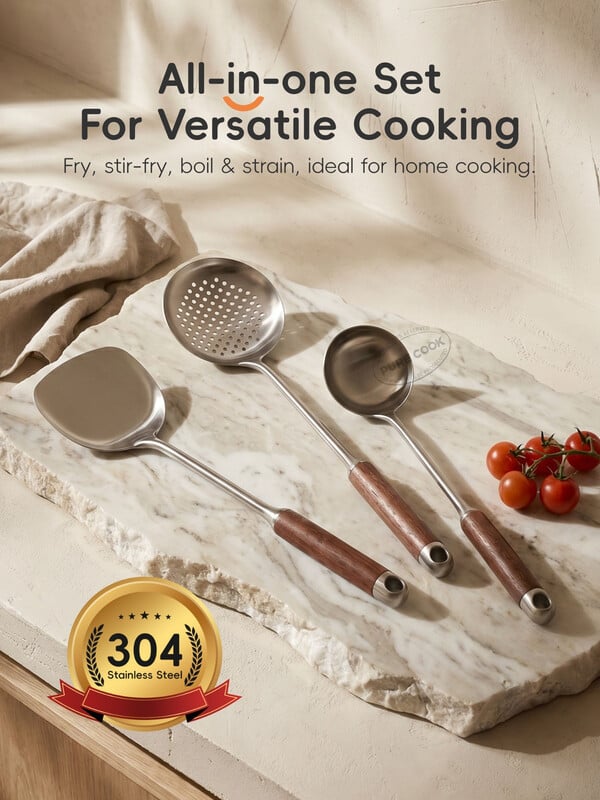 PURE COOK 3-delige roestvrijstalen wokgereedschapset met houten handvat, inclusief spatel, schuimspaan en soeplepel