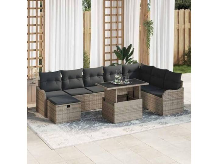 Modulares Poly Rattan Sofa Set Lounge Terrassengarten Möbel grau 9 teilig Modulares Garten-Sofa-Set 9-tlg mit Stauraum und Kissen Poly Rattan Grau für Terrasse Balkon mit Sitzhocker und Tisch