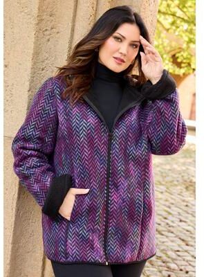Women's Printed Fleece Coat with Sherpa Lining by Catherines in Multi Chevron (Size 0X)