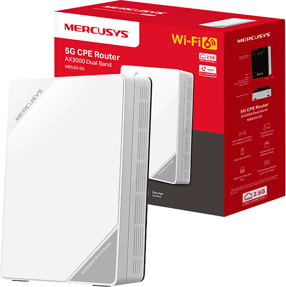 Router - Mercusys MB520-5G WiFi 6, 2402 Mbps, Ranura Nano SIM, Puerto LAN/WAN 2.5G, Hasta 256 Dispositivos, Compatible con EasyMesh y VoLTE, Blanco