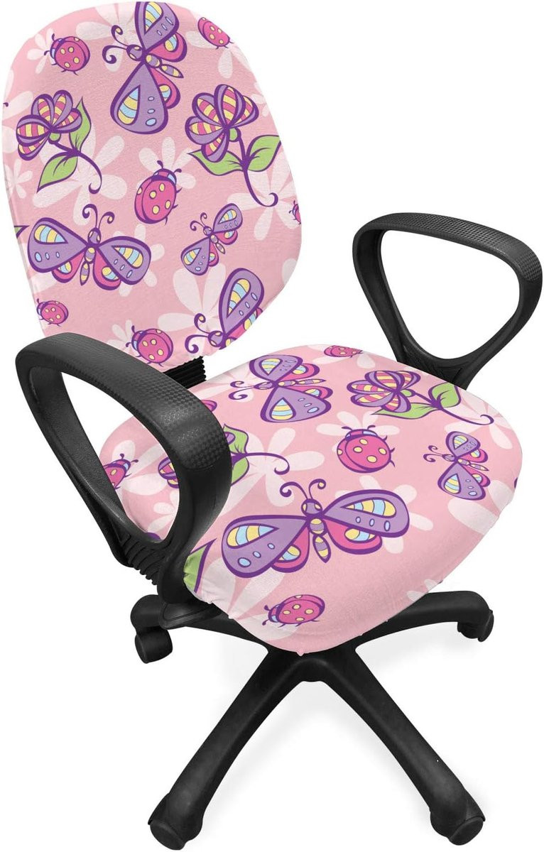 ABAKUHAUS Bloemenbureaustoel Sliphoes Butterfly Cartoon Stijl - Stretch Decoratieve Beschermhoes - Lichtroze Lavendel