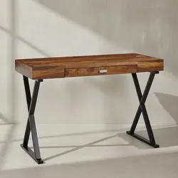 KADIMA DESIGN Massivholz Schreibtisch Sheesham, X-förmiges Metallgestell, Schublade, 120x55x78 cm