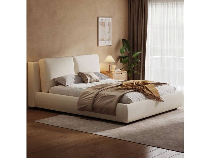 WUVRIE Lit double rembourre 180 x 200 cm en bouclette beige sommier a lattes inclus