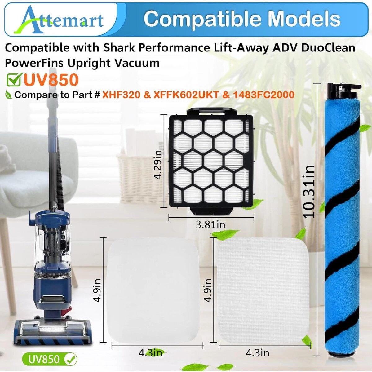 INF Kit de remplacement pour aspirateur compatible avec Shark UV850 - rouleau souple, 2 filtres HEPA, 4 filtres en mousse