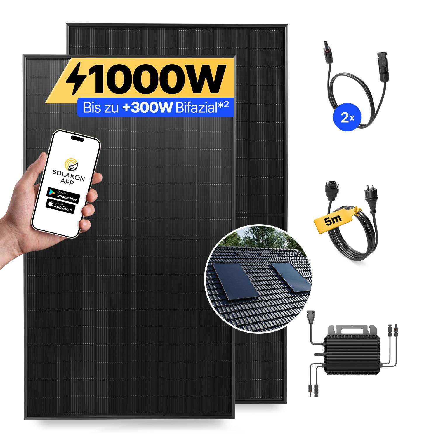 Balkonkraftwerk 1000W Solaranlage mit Ziegeldach Halterung (Einzelmontage) Steckerfertig Komplettset Photovoltaik Anlage 800W, Kabellänge: 5m, Solakon