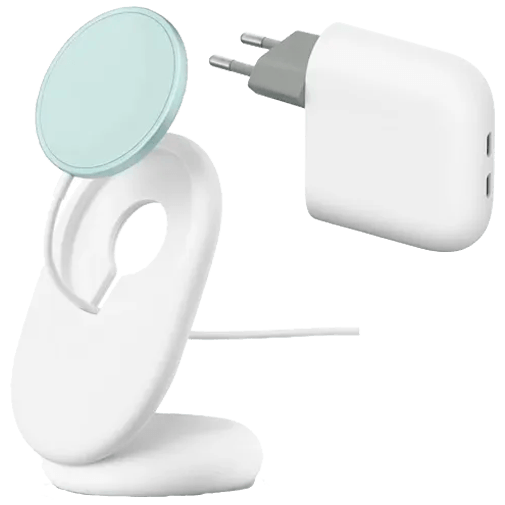 Google Flex 67W Dual USB-C Schnellladegerät Weiß & Google Pixelsnap Kabelloses Schnellladegerät mit Ständer Weiß