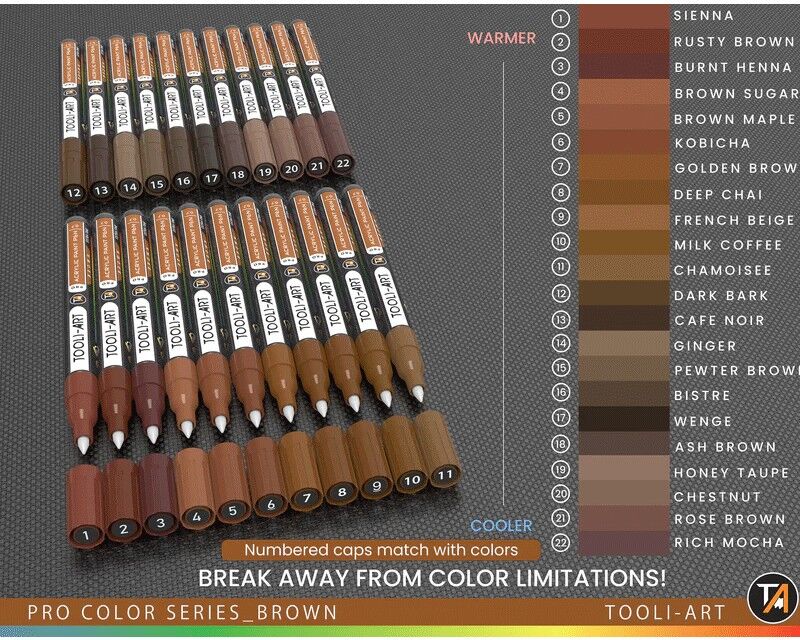TOOLI-ART Marqueur Acrylique Set Marron 22 couleurs EF 07mm