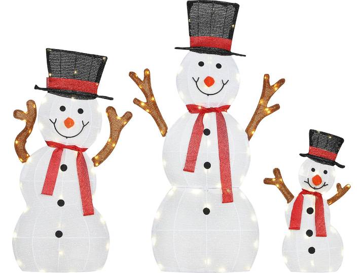 Outsunny 3-teilige weihnachtliche Schneemann-Familie, LED-Lichter, Weiß